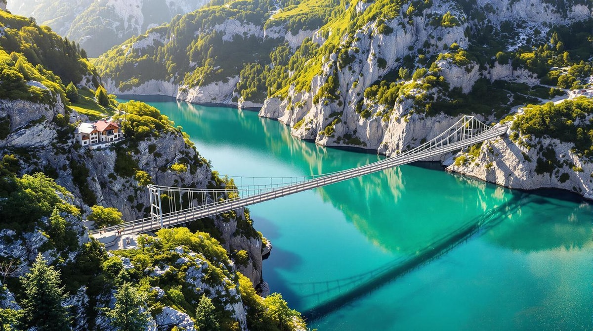 Ce lac d'Isère avec 2 passerelles record : 220 m et 180 m au-dessus de l'eau