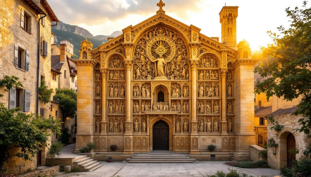 Cette abbatiale de Conques expose 124 personnages sculptés dans le calcaire jaune
