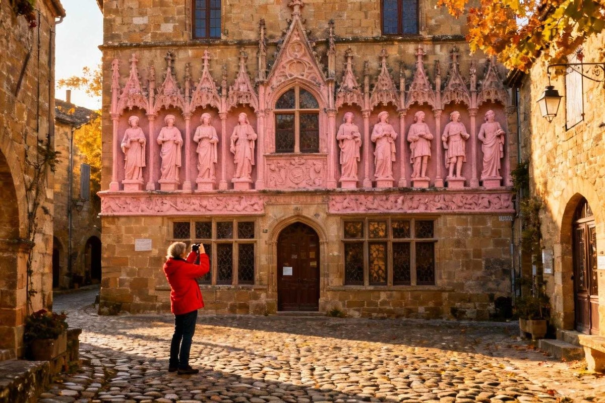 Cordes-sur-Ciel expose 17 statues gothiques sur cette façade civile de 1290
