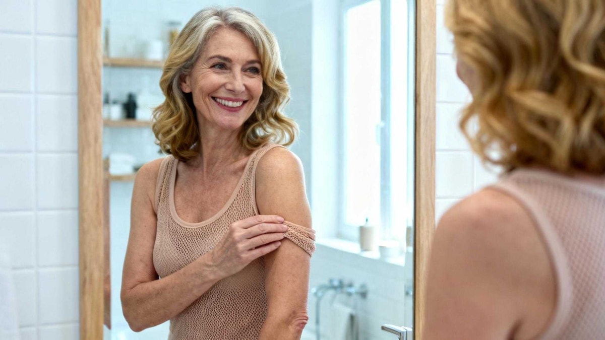À 58 ans, ce tissu mesh nude lui permet de porter des sans manches à nouveau