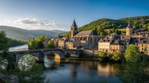 Un pont gothique du XVe siècle ouvre la promenade dans ce village médiéval de l’Aveyron