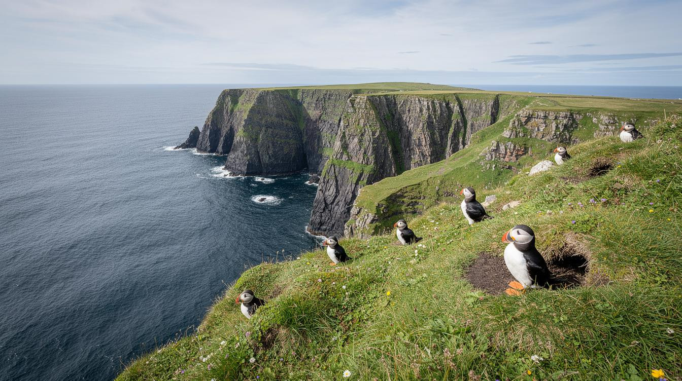 60 Grad Nord und 12 Stunden Faehre, deshalb sieht man auf Shetland Papageitaucher ohne Absperrgitter
