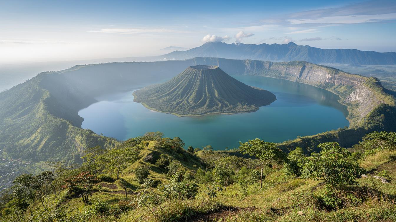 60 km von Manila sitzt ein Vulkan in einem See in einer Caldera, 600 m unter dieser Strasse