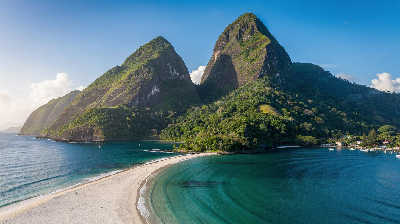 Zwei Vulkankegel wachsen direkt aus dem Meer, dazwischen liegt diese Karibikbucht