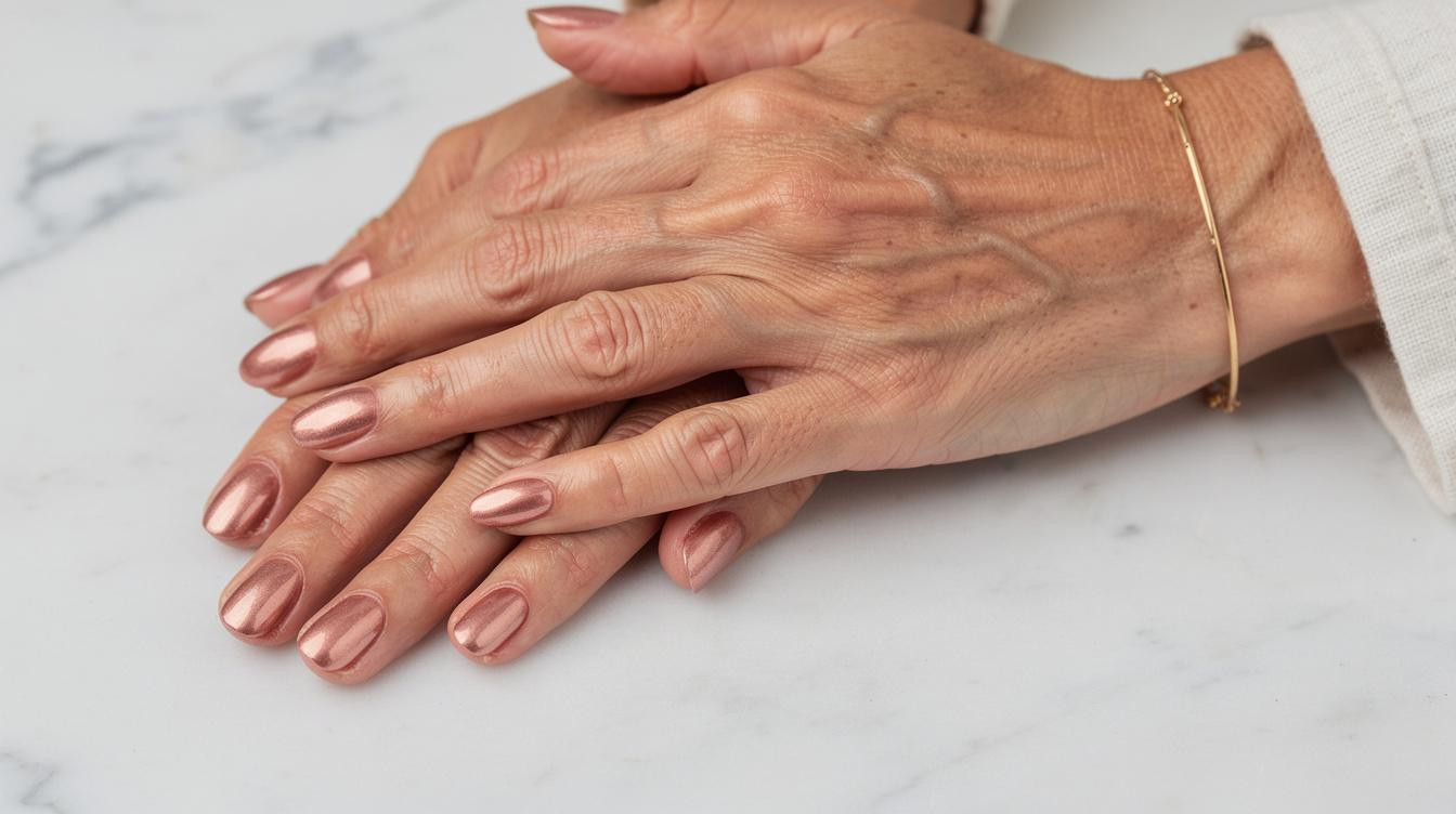 Rose Gold auf meinen Naegeln mit 56 liess Altersflecken sofort heller wirken
