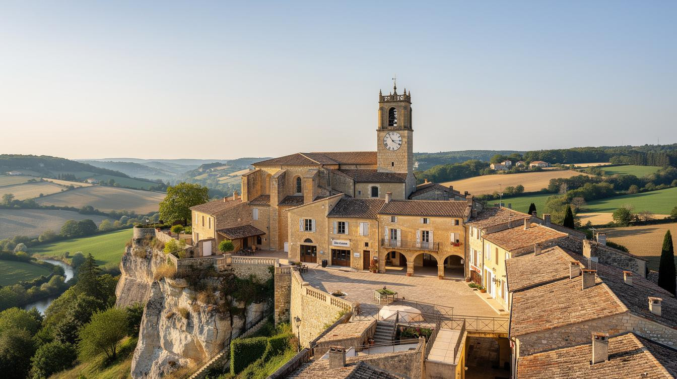 Am Glockenturm dieser Bastide bei Agen zeigt eine Uhr den Mond statt die Stunde