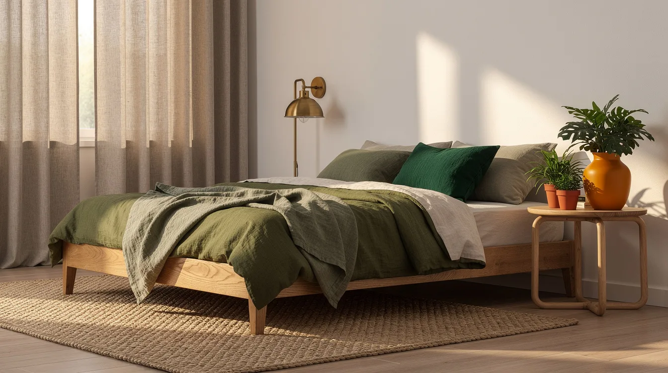 A sunlit bedroom with olive green linen, a light wood bed and softly layered curtains