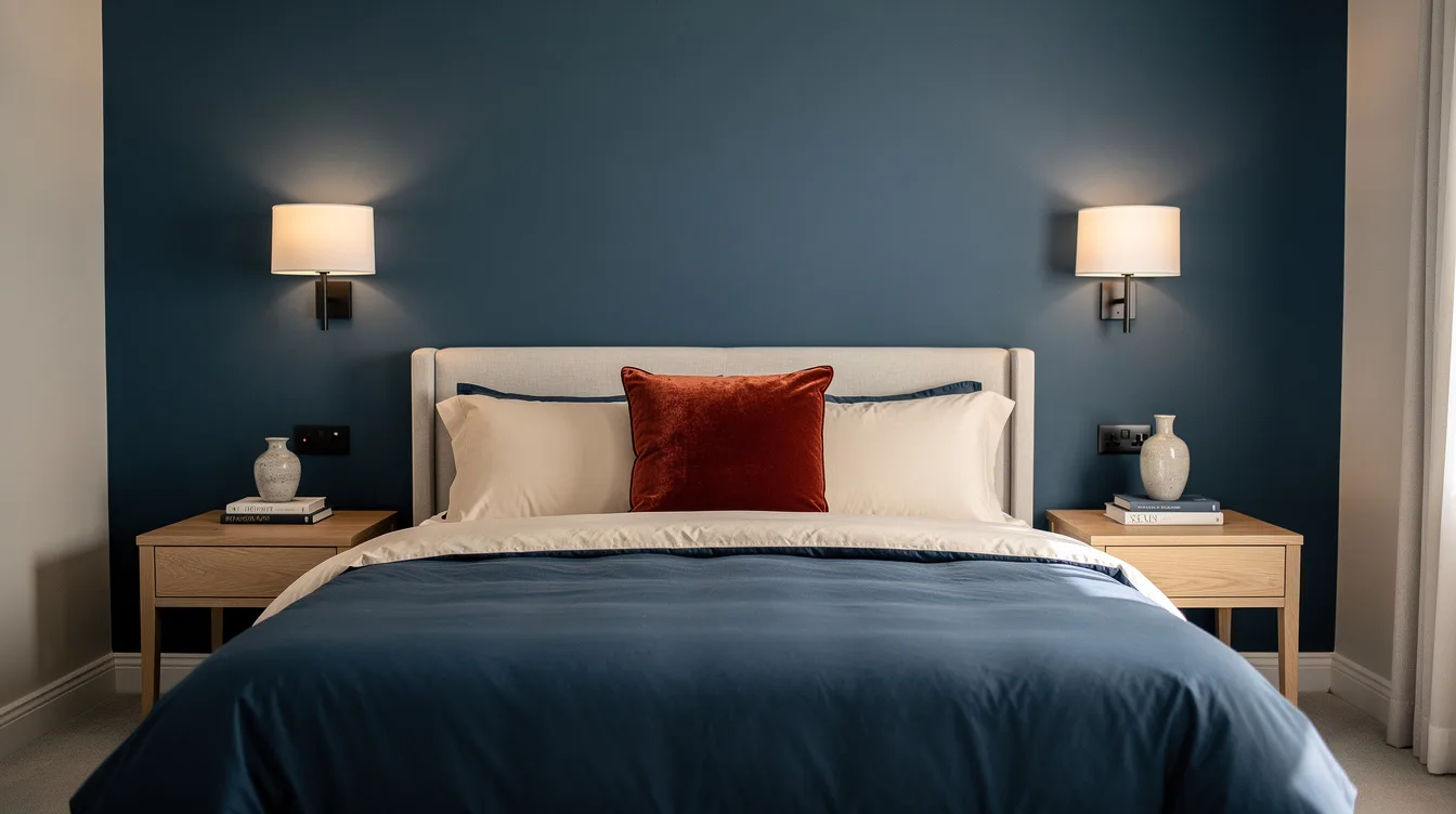 Quiet bedroom lighting with warm bedside sconces