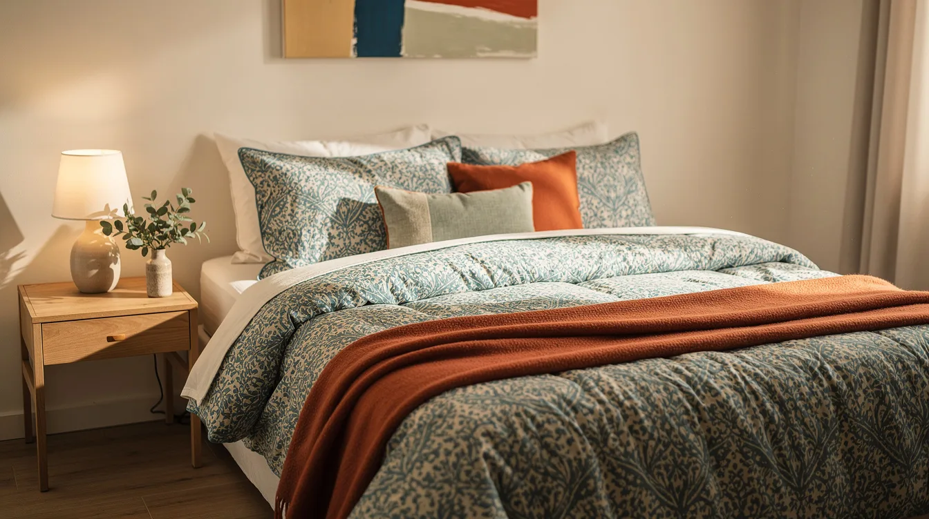 Patterned bedding in a light-filled bedroom