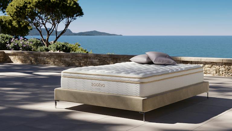 Saatva Classic mattress on a sunlit terrace