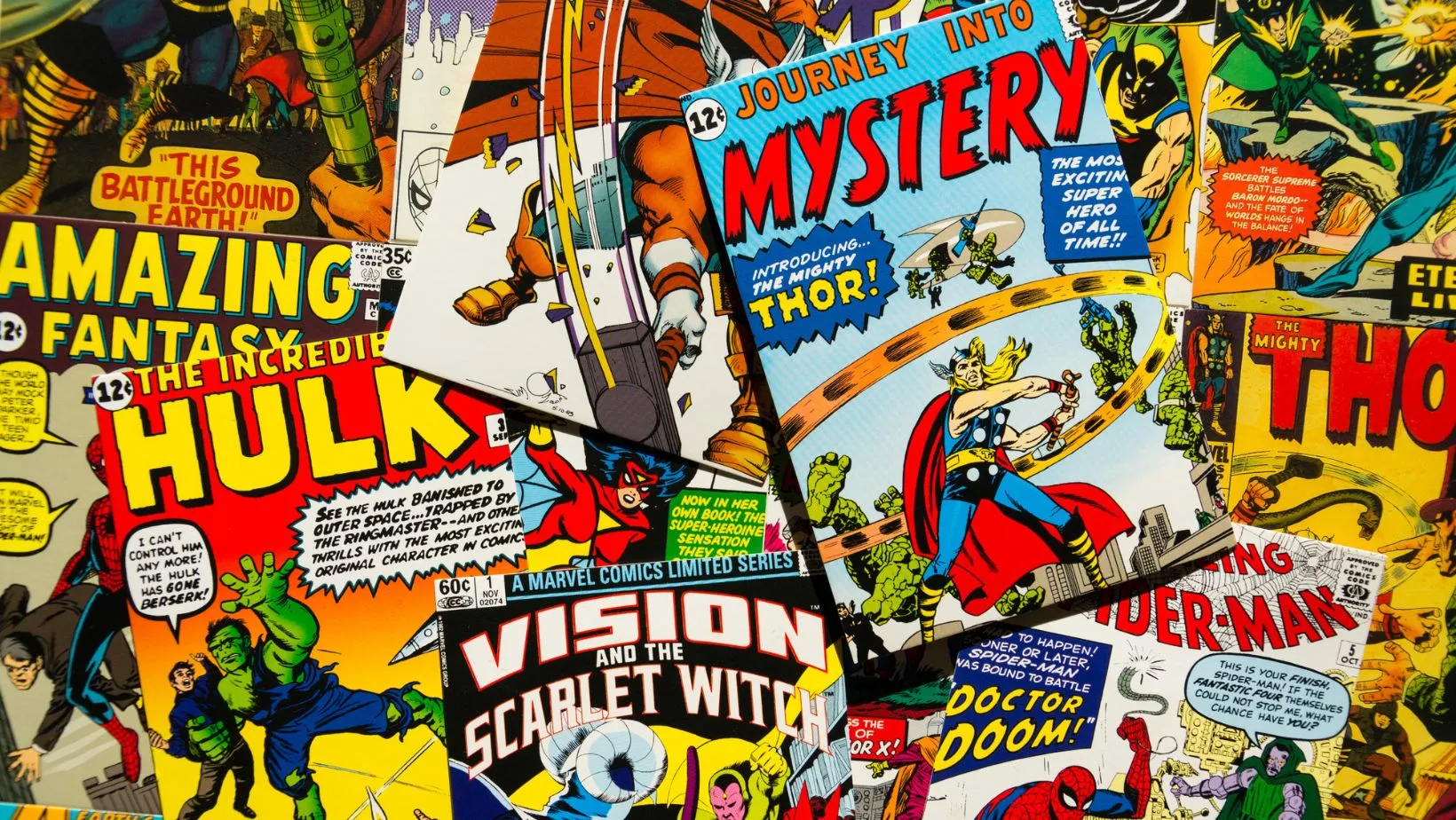 Marvel Comic Book layout including various vibrant superhero covers bursting with color and action. Iconic characters like Spider-Man, Thor, and Hulk leap from the pages in bold, dramatic poses.