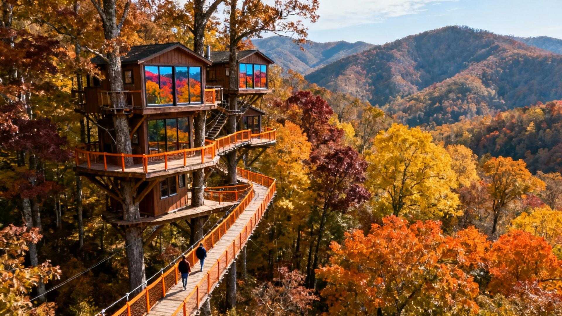 The only interactive treehouse resort in the world where 40 Tennessee acres suspend forest sanctuaries 876 feet above Smoky Mountain valleys