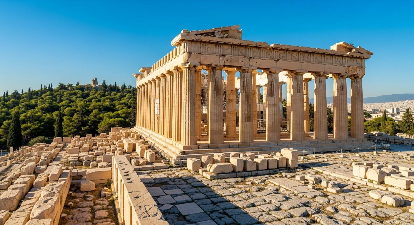 At 8 AM in November, Athens' Acropolis glows amber with 92% fewer crowds than July