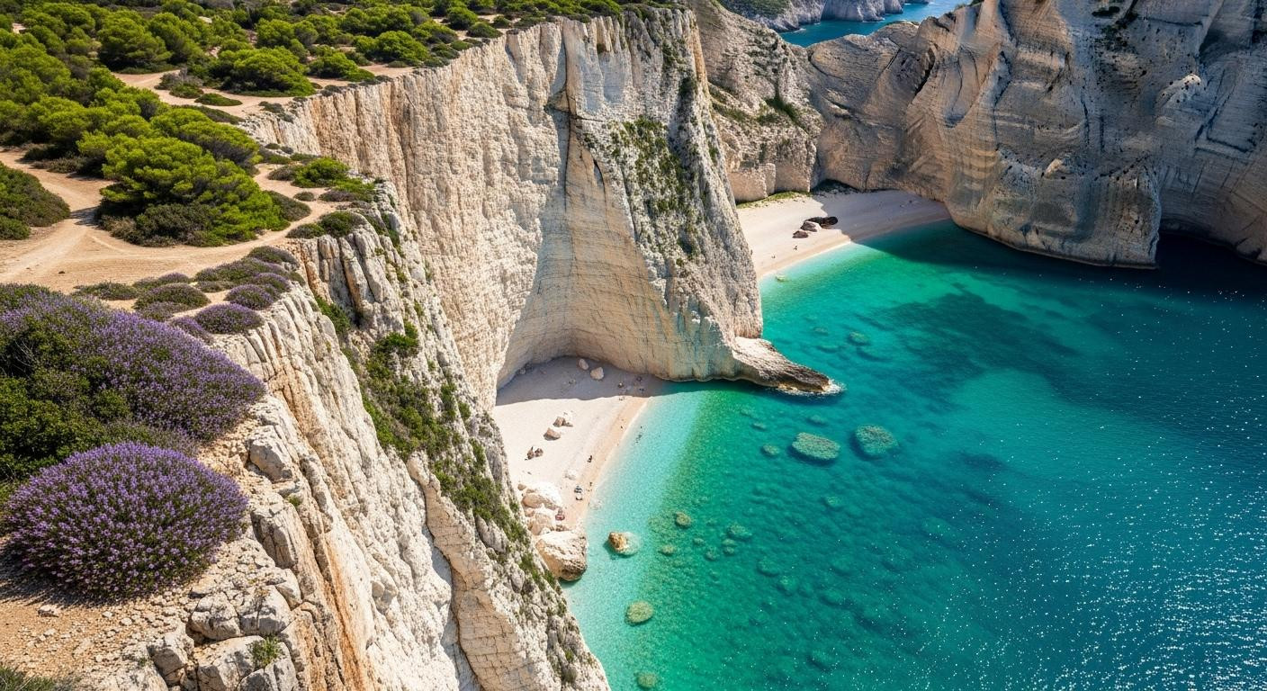 This beach beneath 400 meter cliffs requires a 40 minute descent through wild thyme