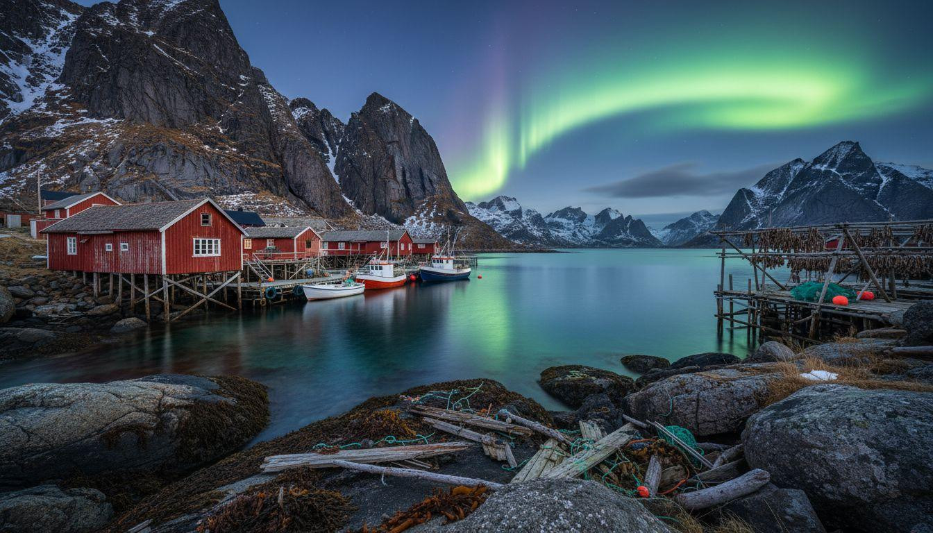 This village of 300 turns salmon pink when northern lights reflect off red fishing cabins