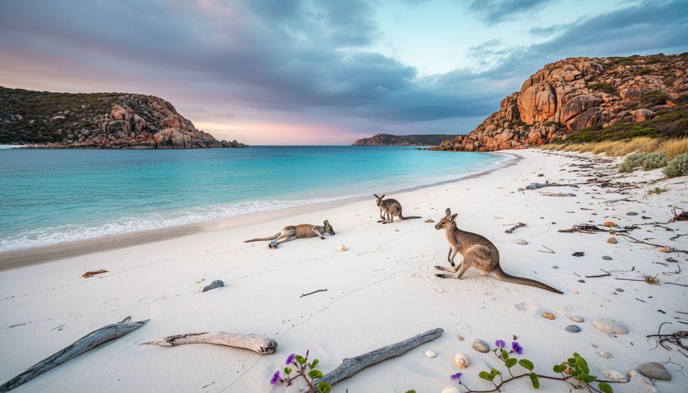 This beach where wild kangaroos rest on white sand between turquoise waves