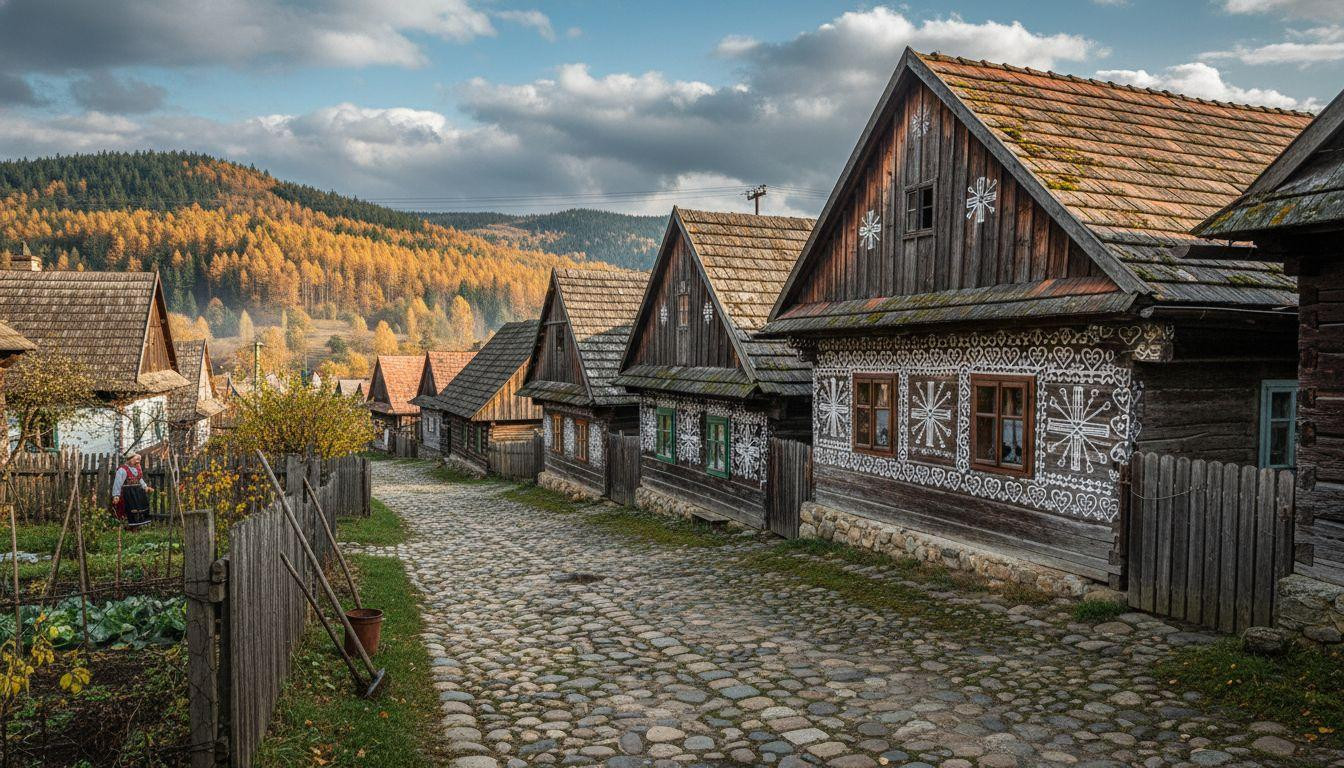 This village where white geometric patterns cover 136 timber houses unchanged since 1825