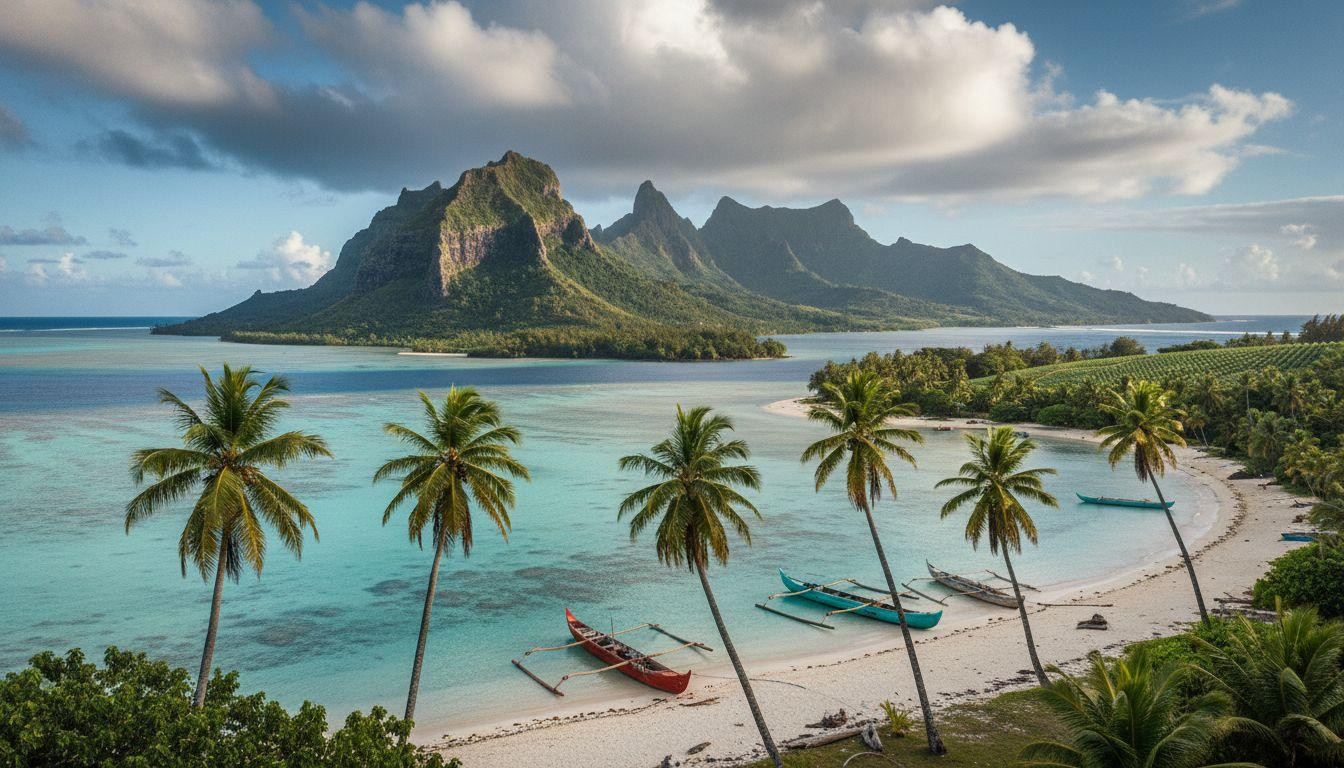 This island where volcanic peaks catch morning light above turquoise bays 30 minutes from Tahiti