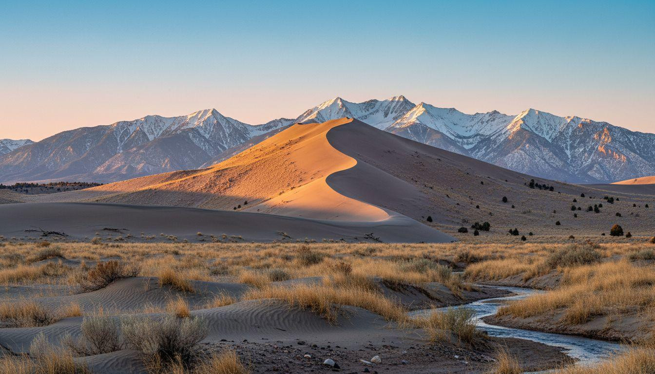 This park where 750-foot sand dunes rise golden beneath snow-capped mountain peaks