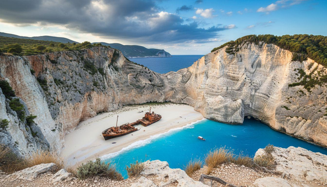This beach where a rusted smuggler ship rests between limestone cliffs above turquoise water
