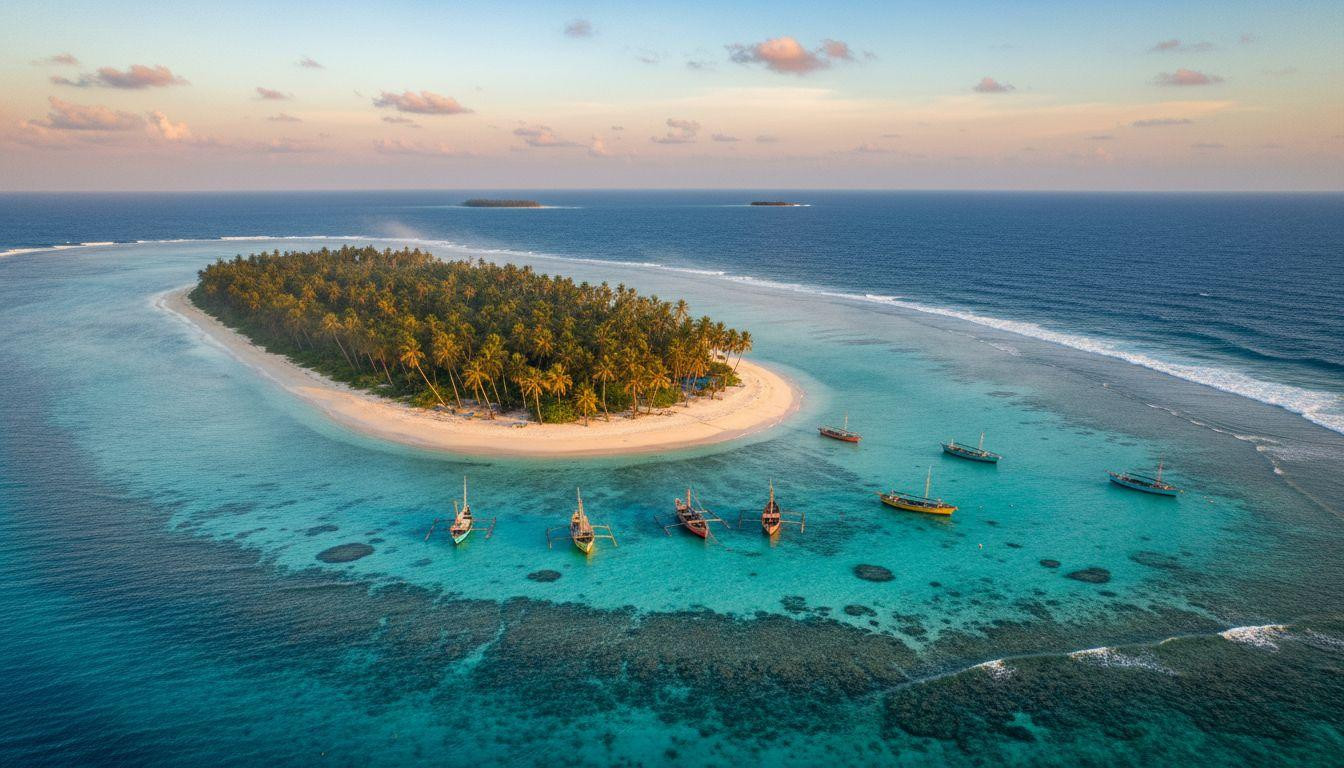 This island where turquoise lagoons fade to indigo beyond wooden fishing boats at dawn
