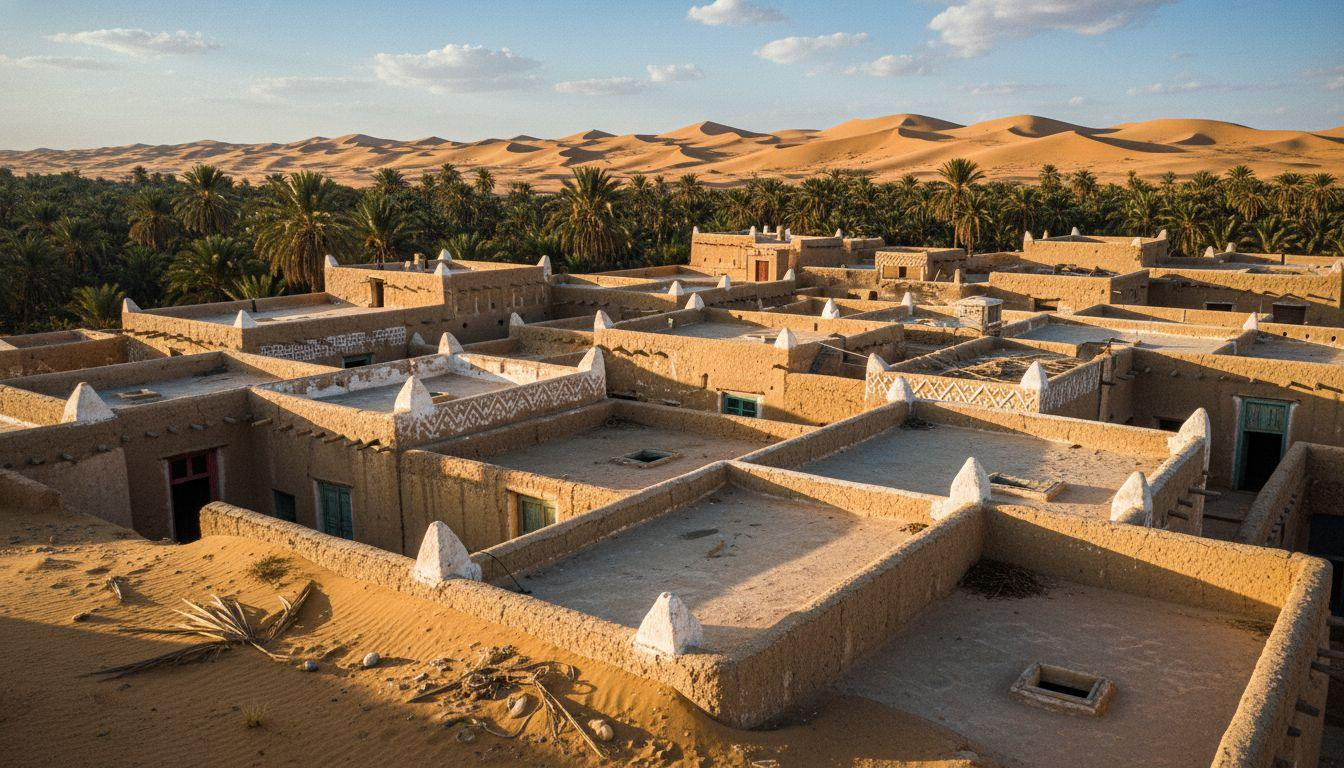 This desert town where rooftop pathways form geometric mazes above golden adobe walls