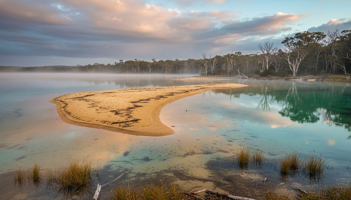 This lake where turquoise water fades to emerald between golden sandbanks at dawn