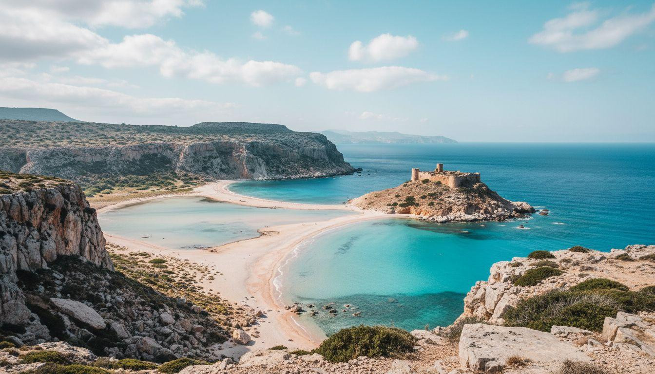 This lagoon 35 miles northwest of Chania where pink sand meets turquoise water between 650 foot cliffs