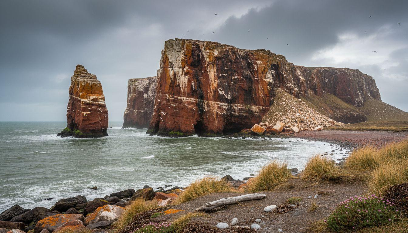 This island of 1300 where red cliffs rise 200 feet above pollen free North Sea air