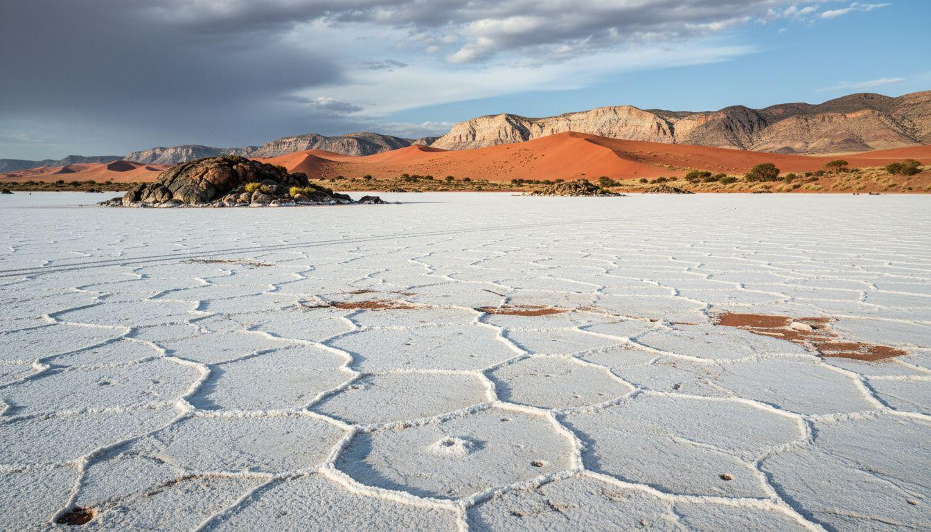 This lake where white salt crust meets red desert hills 273 miles from Adelaide