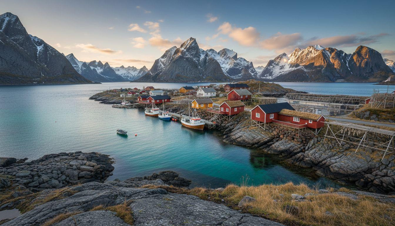 This village of 300 where red fishing cabins cling to fjord cliffs 67 degrees north