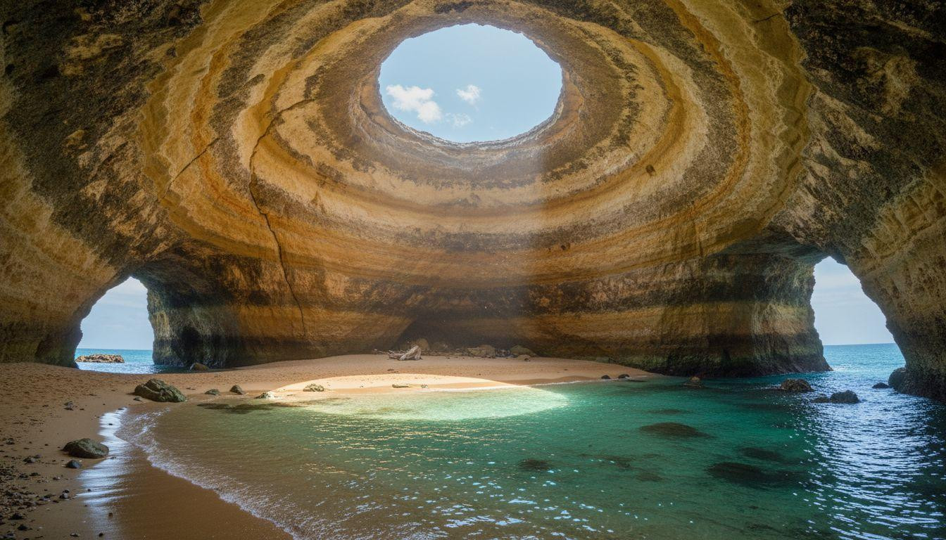 This sea cave where Atlantic waves carved a cathedral dome with circular skylight 200 meters from shore