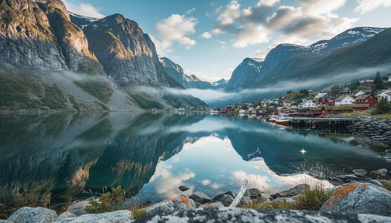 This Norwegian fjord where morning calm turns water to mirror glass reflecting 4900 foot cliffs in perfect symmetry