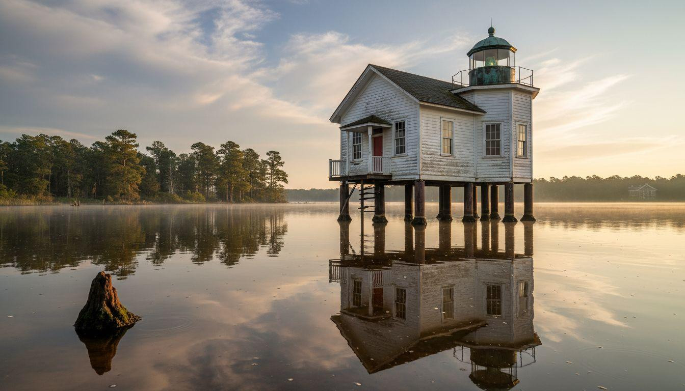Edenton's 1886 lighthouse doubles in brackish water creating America's last rectangular screw pile reflection at dawn