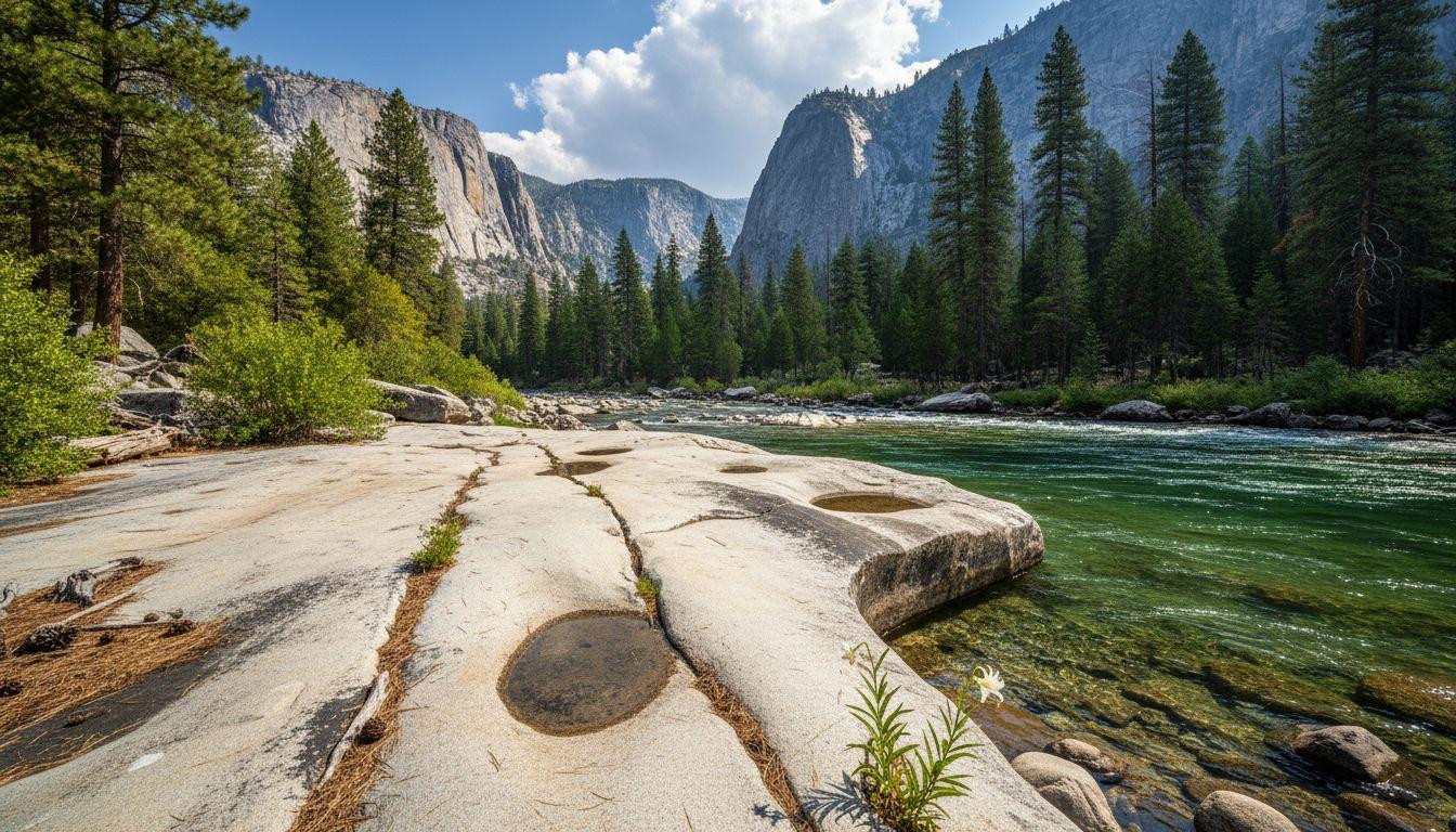Better than Yosemite where Mirror Lake parking fills by 8 AM, this roadside granite platform has emerald river jumps and stays empty all summer