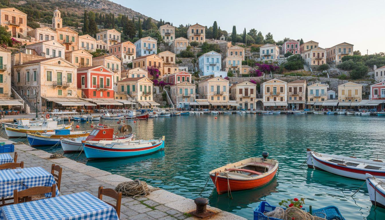Pastel houses glow pink at dawn when Symi's harbor wakes to fishing boats