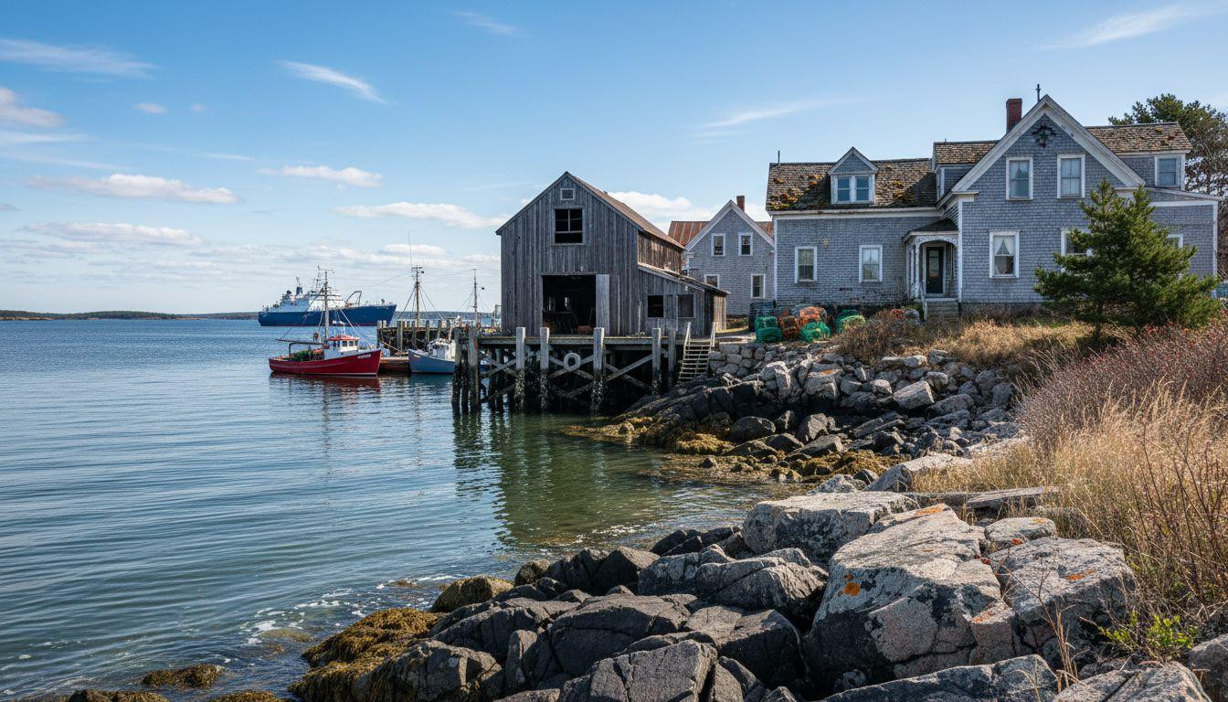 Victorian houses emerge from Atlantic fog as morning wind clears this Maine harbor