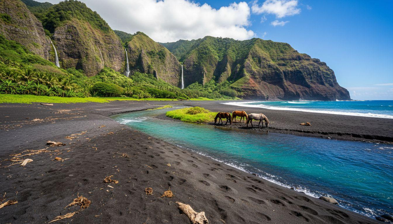 Wild horses wade through black sand where a valley stream splits Hawaii's emptiest beach