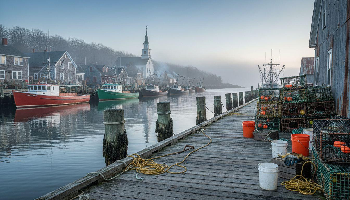 Fog lifts from working lobster boats as November clears this Maine harbor