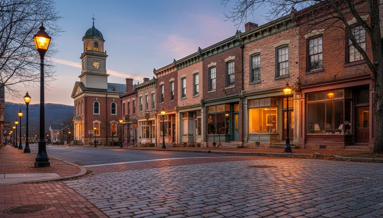 Amber light warms brick storefronts where Lewisburg slows to Appalachian time