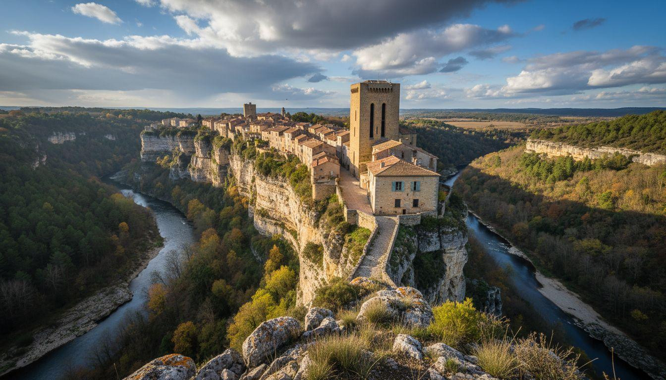 Medieval houses balance on a knife edge ridge 650 feet above the Aveyron gorge
