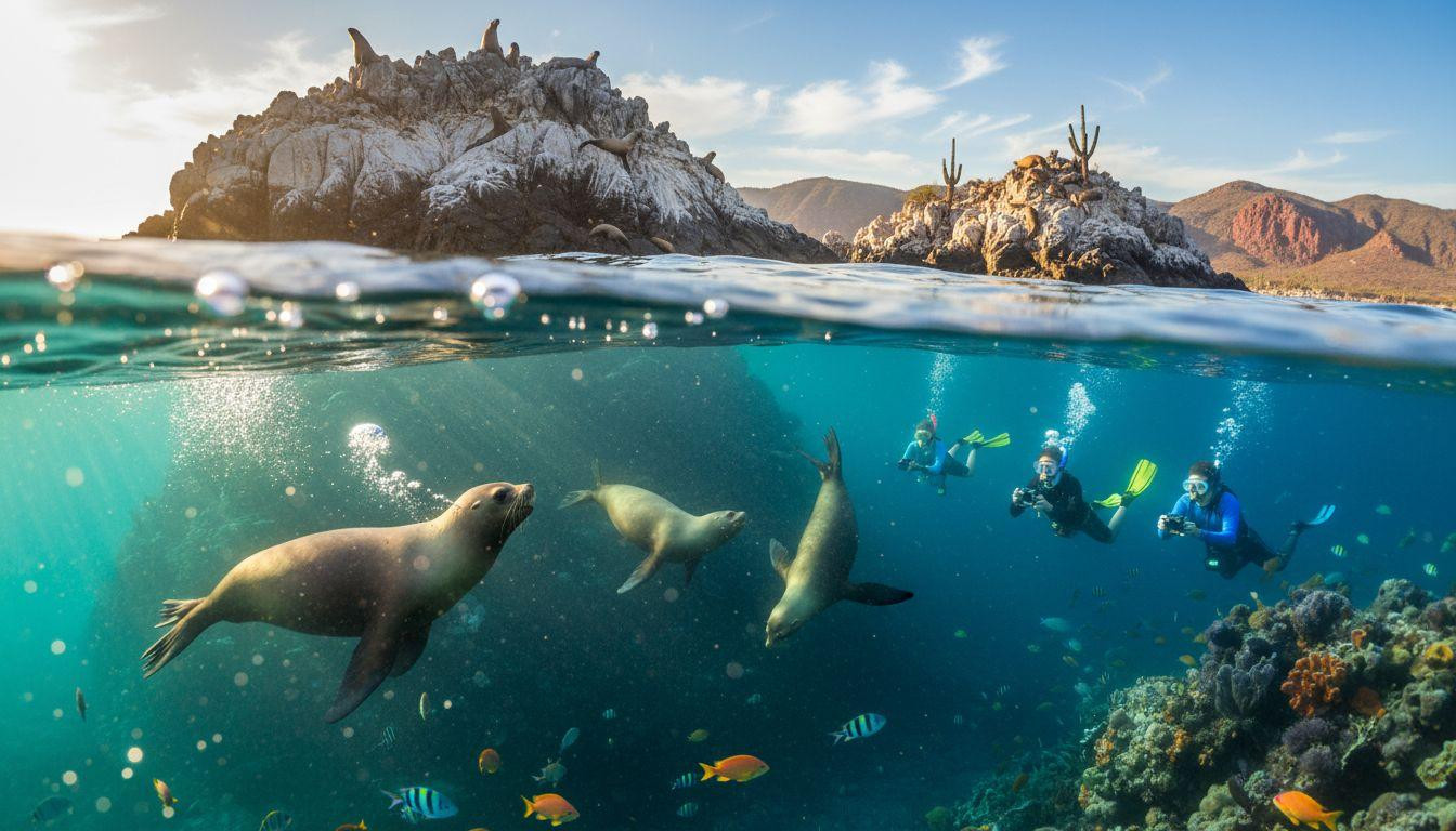Sea lions circle snorkelers at a rocky outcrop 45 minutes from La Paz