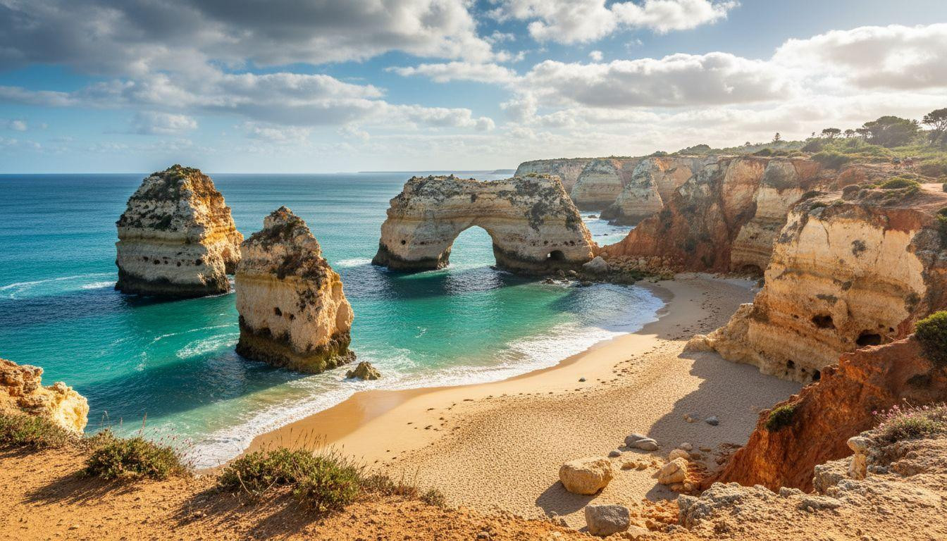 Golden arches rise from turquoise water where Portugal carved cathedrals in stone