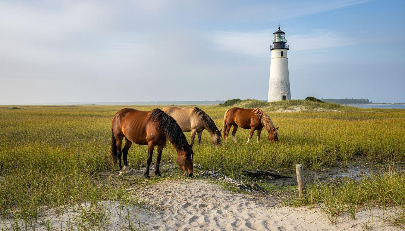 Wild horses graze in fog where a ferry protects North Carolina's last island village