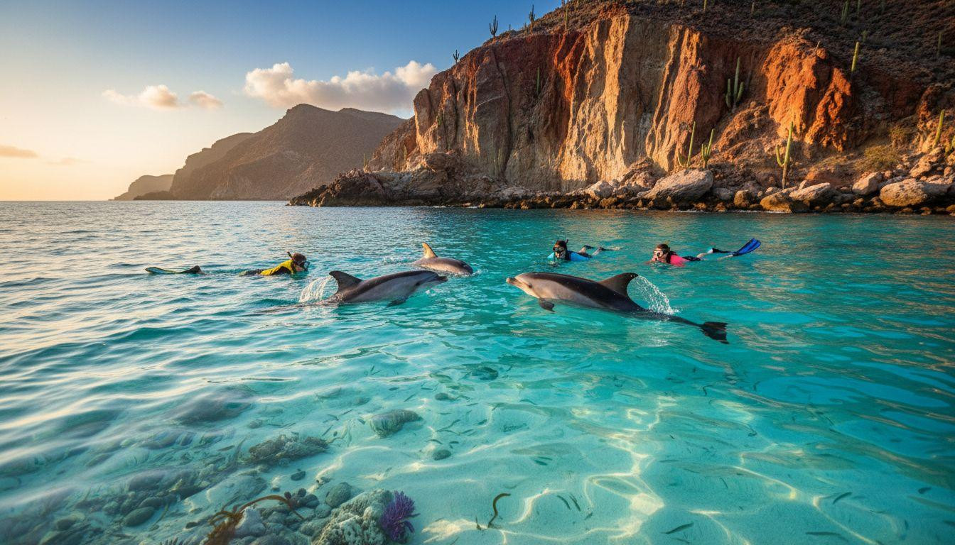 Dolphins circle snorkelers at sunrise where turquoise water stays 72°F all winter