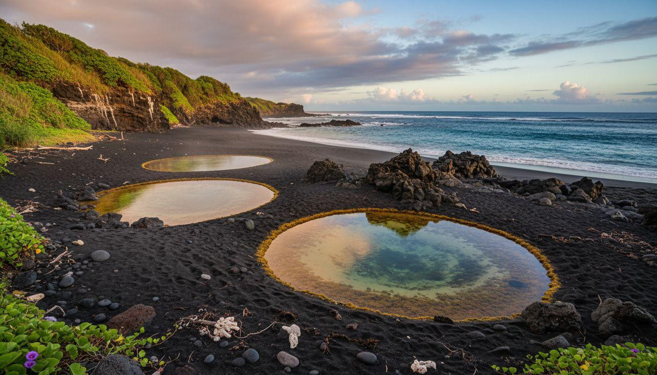 A half mile of lava rock guards black sand that stays empty at dawn