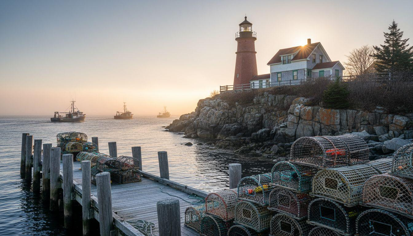 Dawn foghorns echo where lobster boats leave through Atlantic mist at 5:30 AM