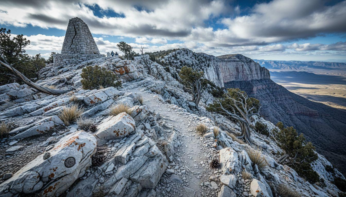 A winter trail climbs 3,000 feet through 250 million year old ocean floor