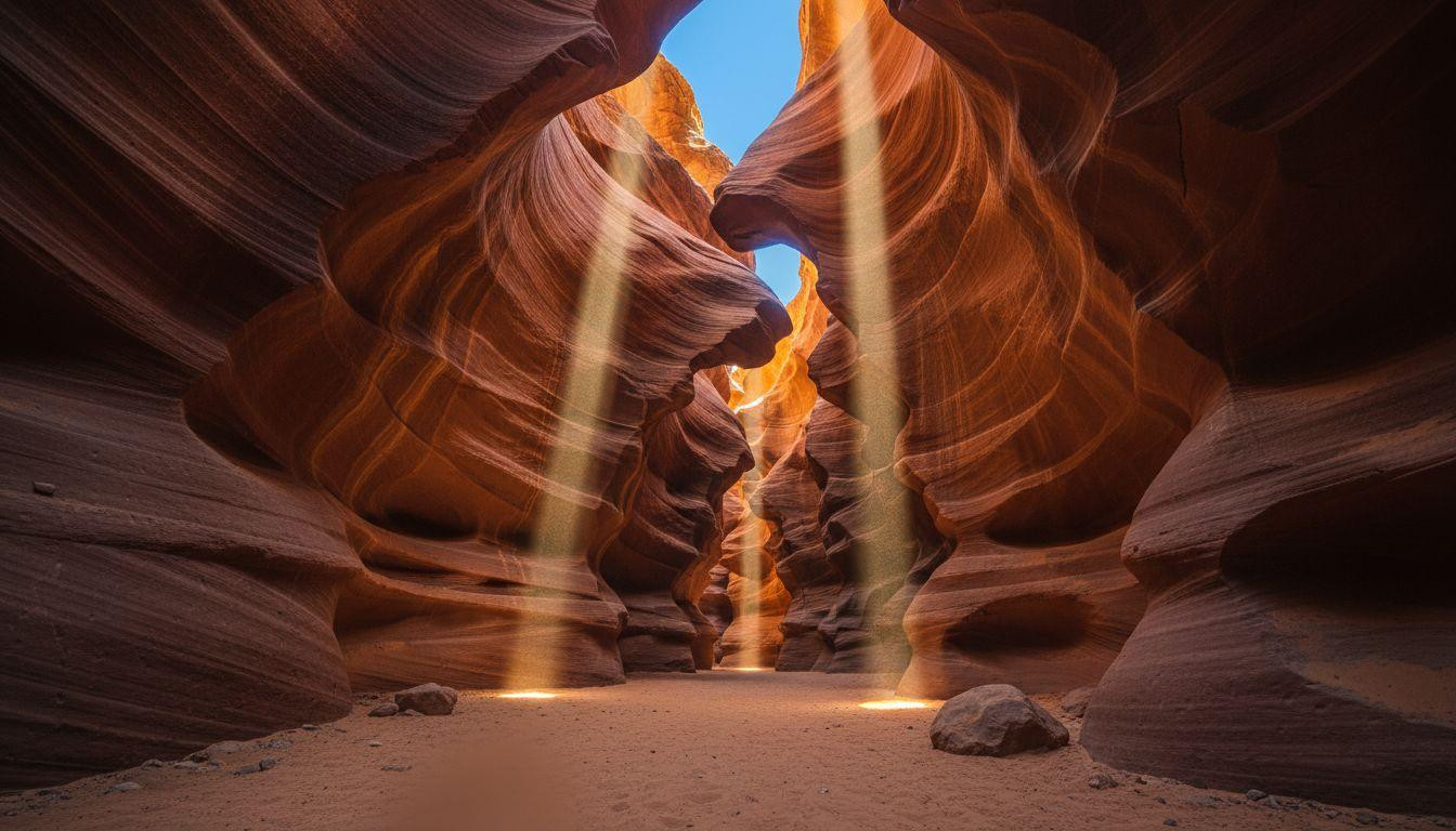 A 4x4 bounces through desert sand where orange walls twist light into gold