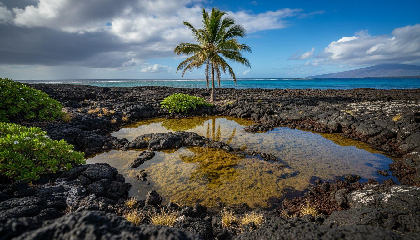 Golden algae pools shimmer against black lava where Hawaii hides liquid metal